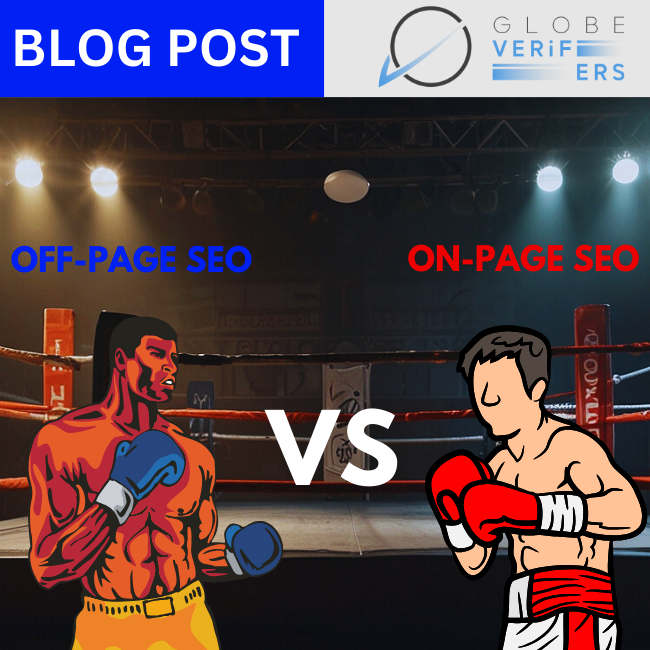 A brightly lit boxing ring with spotlights, representing the competitive landscape of SEO. Text overlays indicate 'On-Page SEO' and 'Off-Page SEO' in opposing corners.